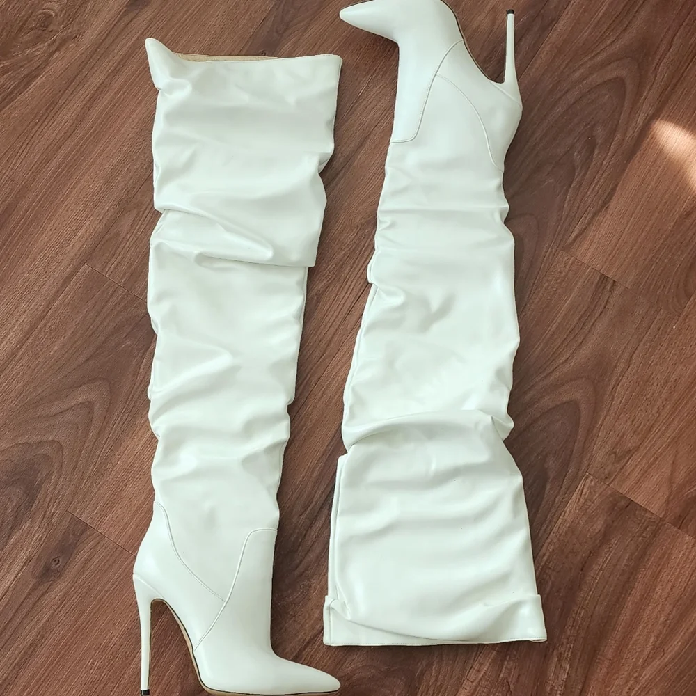 White Stiletto Thigh High Scrunch Boots - Picture 3 of 8